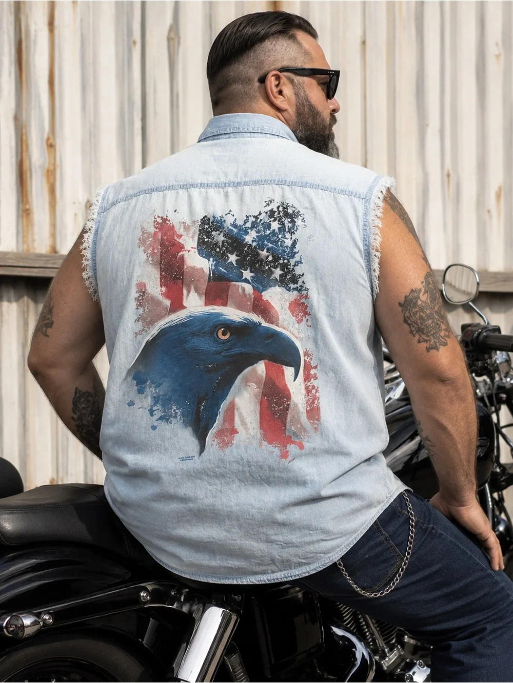 Biker Wear USA Men’s 2XL Sleeveless Eagle Flag Denim Shirt